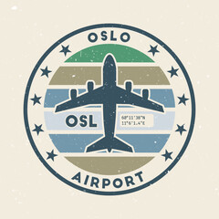 Oslo airport insignia. Round badge with vintage stripes, airplane shape, airport IATA code and GPS coordinates. Awesome vector illustration.