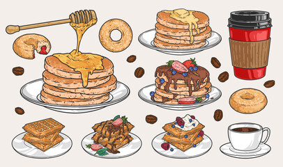 Sweet breakfasts emblems set colorful