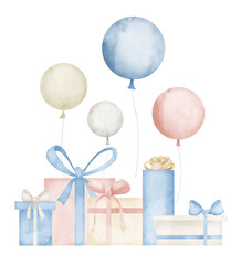 Gift Boxes with air Balloons in pastel blue and pink colors. Hand drawn watercolor illustration with Presents on isolated background for greeting cards or invitations. Drawing for happy birthday. © Alisles