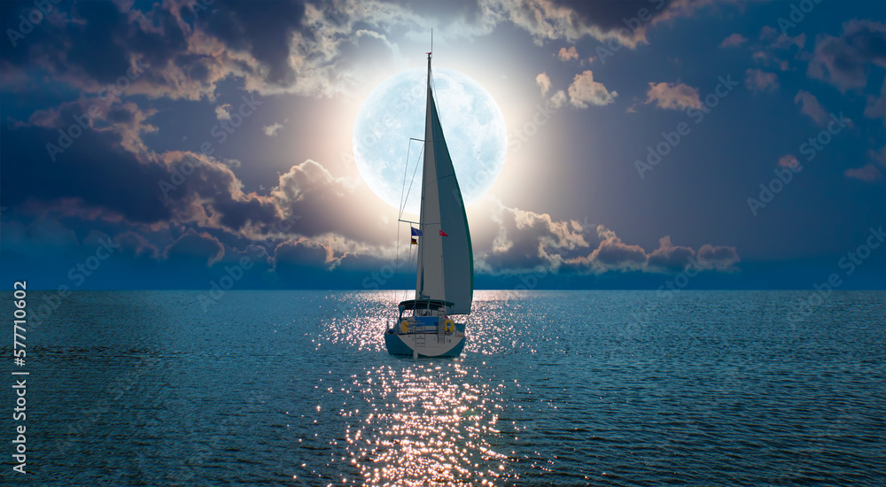 Poster lone yacht with super full moon 