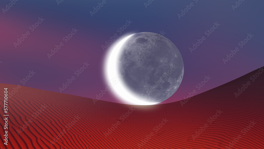 Aufkleber dusk sky with crescent moon in the clouds on the foreground hot desert (sand dune) 