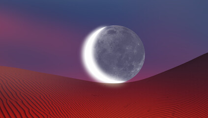 Dusk sky with crescent moon in the clouds on the foreground hot desert (sand dune) "Elements of this image furnished by NASA 