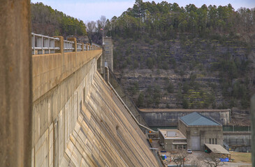Shot looking down the side of the Norfork Dam in Salesville, Arkansas 