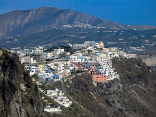 The clifftop town of Thira on the volcanic island of Santorini in the Aegean Sea of the coast of...