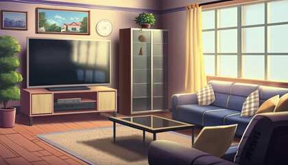 anime of a living room with flat screen tv and big window