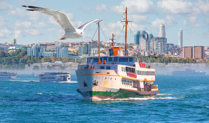 Dolmabahce palace against coastal cityscape with modern buildings under cloudy sky - Sea voyage...