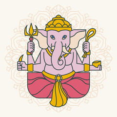 Ganesha God Illustration In Line Art Style