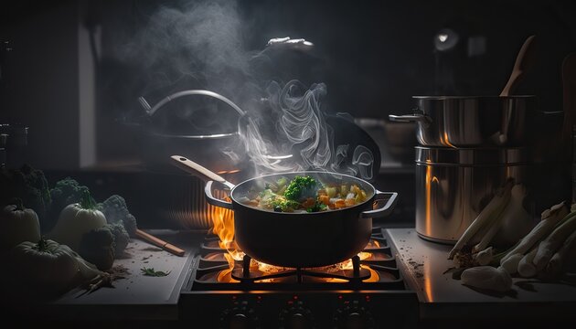Boiled casserole with steam on cooker, dark kitchen indoor background. AI generative image.