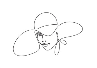 Woman in hat vector one line art. Line illustration. Minimalist print. Black and white. Beauty logo. portrait of young modern woman wearing hat. isolated female portrait. Line art