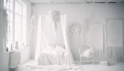 Cozy bedroom interior, light and white shades. Room with furniture indoor horizontal background. AI generative image.