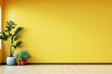 Empty room with plants have wooden floor on yellow wall background
