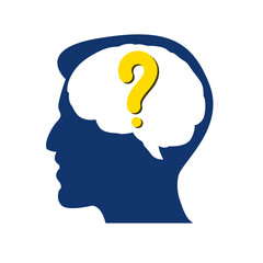 A man's head, a silhouette of a brain and a question mark. Silhouette composition. 