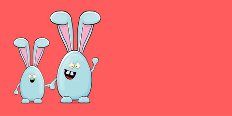 Cartoon funny cartoon blue easter bunny isolated on pink horizontal banner background. Easter hand drawn blue cute rabbit sticker or label