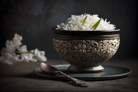 cooked plain white basmati rice or steamed rice in bowl, Generative AI