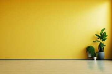 Fototapeta na wymiar Empty room with plants have wooden floor on yellow wall background 