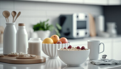 Fototapeta na wymiar Comfortable spacious modern kitchen. White colors. Breakfast time sunlight indoor background. Cozy interior. AI generative image.