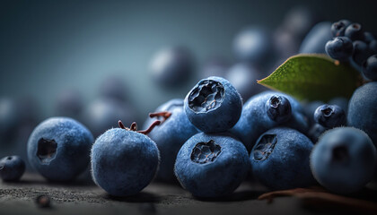 Close up ripe sweet fresh blueberry berries with green leaves. Healthy food concept. AI generative image.