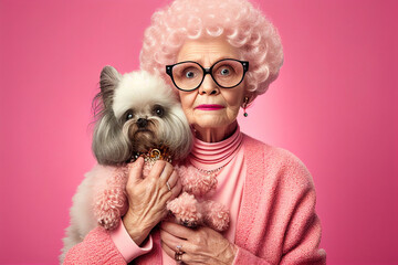 Glamorous elderly lady with a poodle on a pink background.Generative AI.