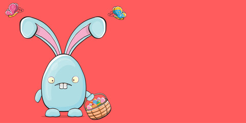 Cartoon funny cartoon blue easter bunny holding easter backet with full of colorful easter eggs isolated on pink horizontal banner background. Easter hand drawn blue cute rabbit sticker or label