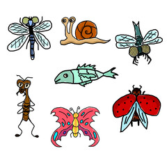 funny bugs and fish simple illustration set hand drawing