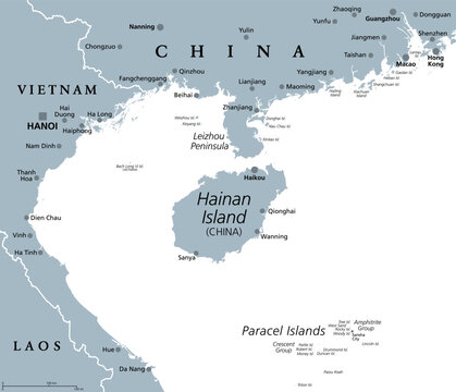 Hainan, southernmost province of China, and surrounding area, gray political map. Hainan Island, and Paracel Islands in the South China Sea, south of the Leizhou Peninsula, and east of Gulf of Tonkin.