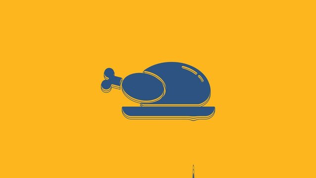 Blue Roasted turkey or chicken icon isolated on orange background. 4K Video motion graphic animation