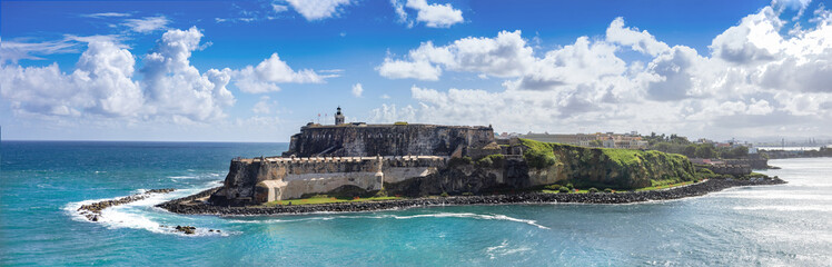 National park Castillo San Felipe del Morro Fortress in old San Juan, Puerto Rico, UNESCO site. - obrazy, fototapety, plakaty