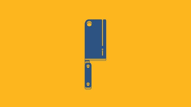 Blue Meat chopper icon isolated on orange background. Kitchen knife for meat. Butcher knife. 4K Video motion graphic animation