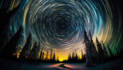 Stunning star trails motion time-lapse night sky with forest silhouette landscape. Beautiful nature astro background. AI generative image.