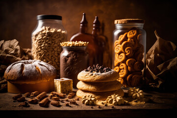 Assorted fresh bakery products composition on dark background. Close up. Loaf of bread and different cookie. AI generative image.