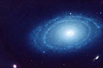 Obraz na płótnie Canvas a spiral galaxy with stars in the background and a bright light in the middle of the center of the galaxy, with a black background of blue and white stars. generative ai