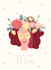 Cute banner with a woman with a flower wreath on her head. Spring flowering. Ideal for greeting cards, banners, cards, posters. Vector illustration.