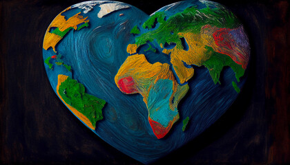 Colorful world map in the shape of a heart on dark background. Earth's Time Concept. Generative AI