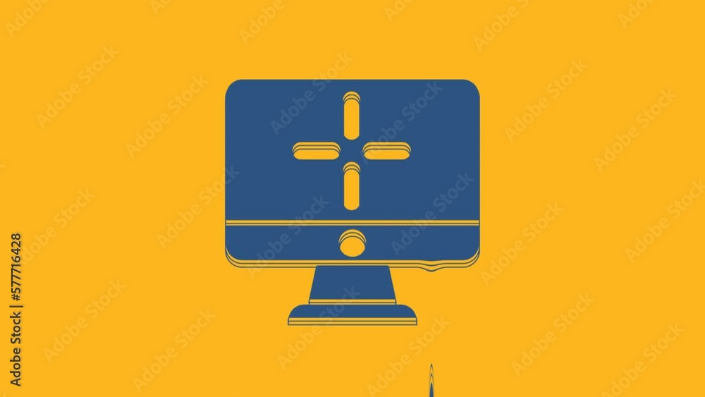 Poster blue computer monitor icon isolated on orange background. pc component sign. 4k video motion graphic