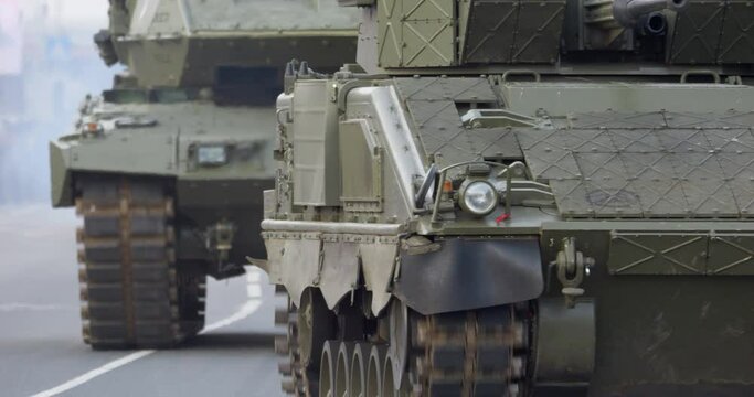 4K - Front view of the tank column. Close-up