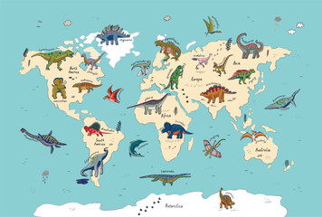 Dinosaur world map vector illustration.