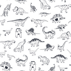 Dinosaur doodle line vector seamless pattern.