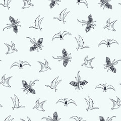 Dinosaur flying line doodle vector seamless pattern.
