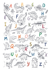 Dinosaur line alphabet poster vector illustrations set.