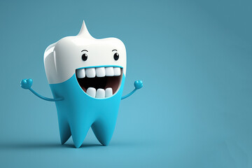 Happy cartoon tooth on a blue background with copy space. Generative AI.