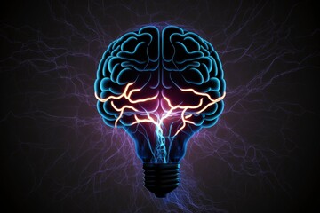 Concept of a neon bulb brain on a dark background created with Generative AI