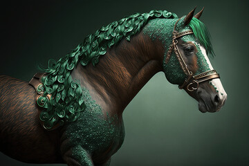 Fototapeta na wymiar St Patrick's Day horse, Green, clover, luck, Irish, generative, ai, horse, emerald, 