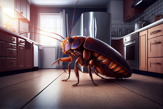 Big joyful black cockroach on the kitchen floor. Generative AI