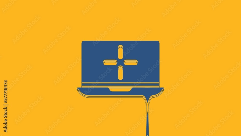 Poster blue laptop icon isolated on orange background. computer notebook with empty screen sign. 4k video m
