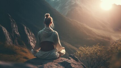 woman lifestyle balanced practicing meditate and zen energy yoga, back view