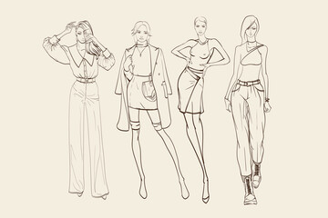 Fototapeta na wymiar Set of young beautiful women in stylish clothes. Sale concept. Hand-drawn fashion illustration. Fashion sketch.