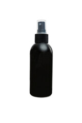 Black spray bottle. Cosmetics and medicine. Space for text. Isolated on white background. Vertical.