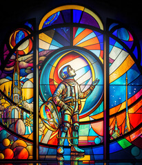 Astronaute sur vitrail, représentation de la conquête de l'espace. Fresque futuriste spatiale sur vitraux colorés traditionnels. IA générative.