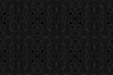 Embossed black background, cover design. Geometric vintage 3d pattern, press paper, leather, ethnic boho, hot topics in handmade peoples style East, Asia, India, Mexico, Aztecs, Peru. 