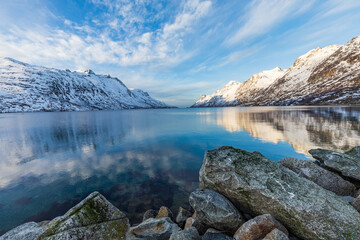 Arctic Ersfjord Fjord in winter setting with calm waters, Norway